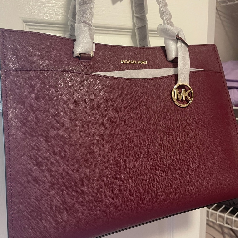 Michael Kors Wine Saffiano Leather Tote with Gold MK Charm